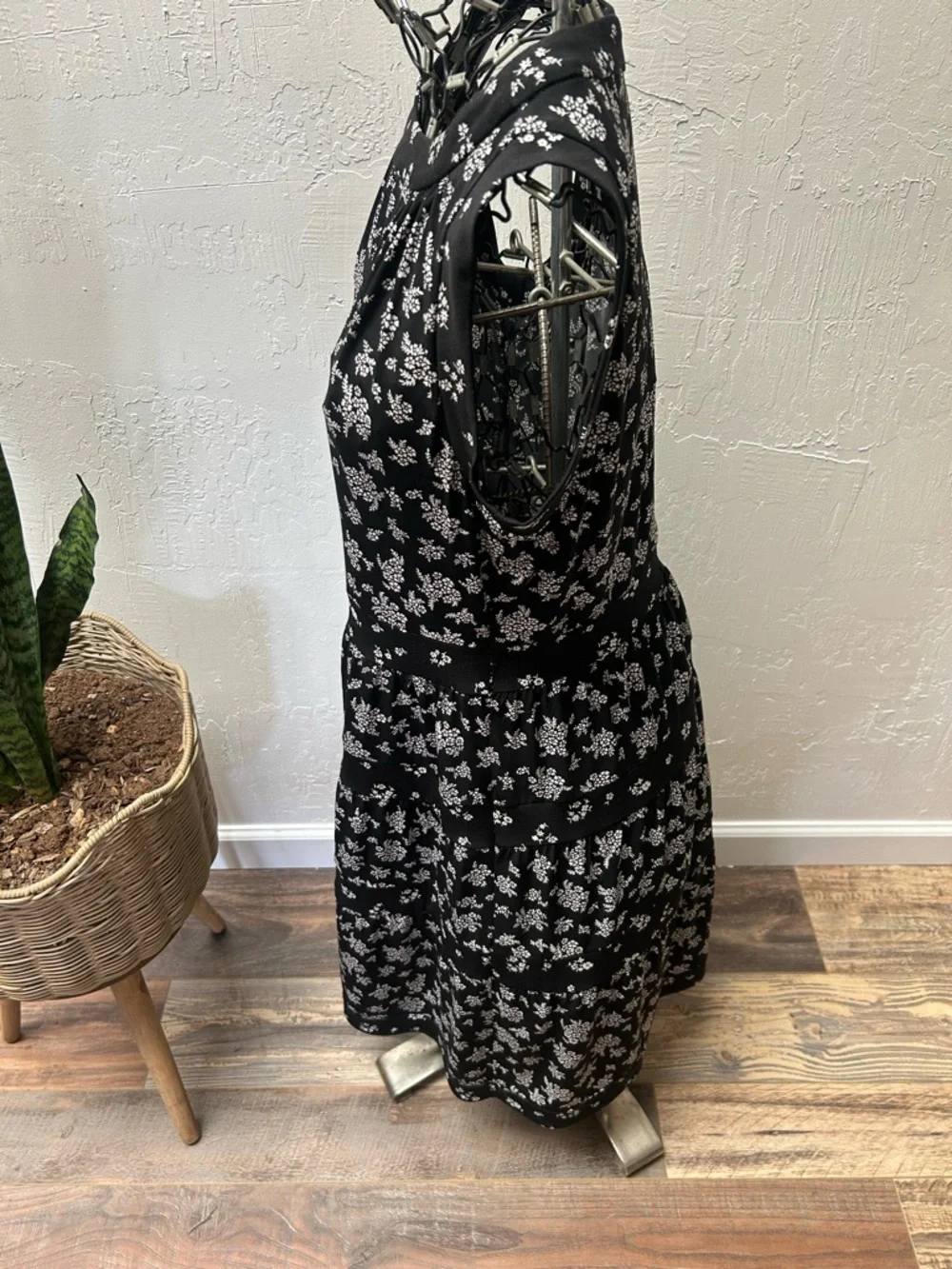 Michael Kors Black and‎ White Floral Midi Dress with High Neckline